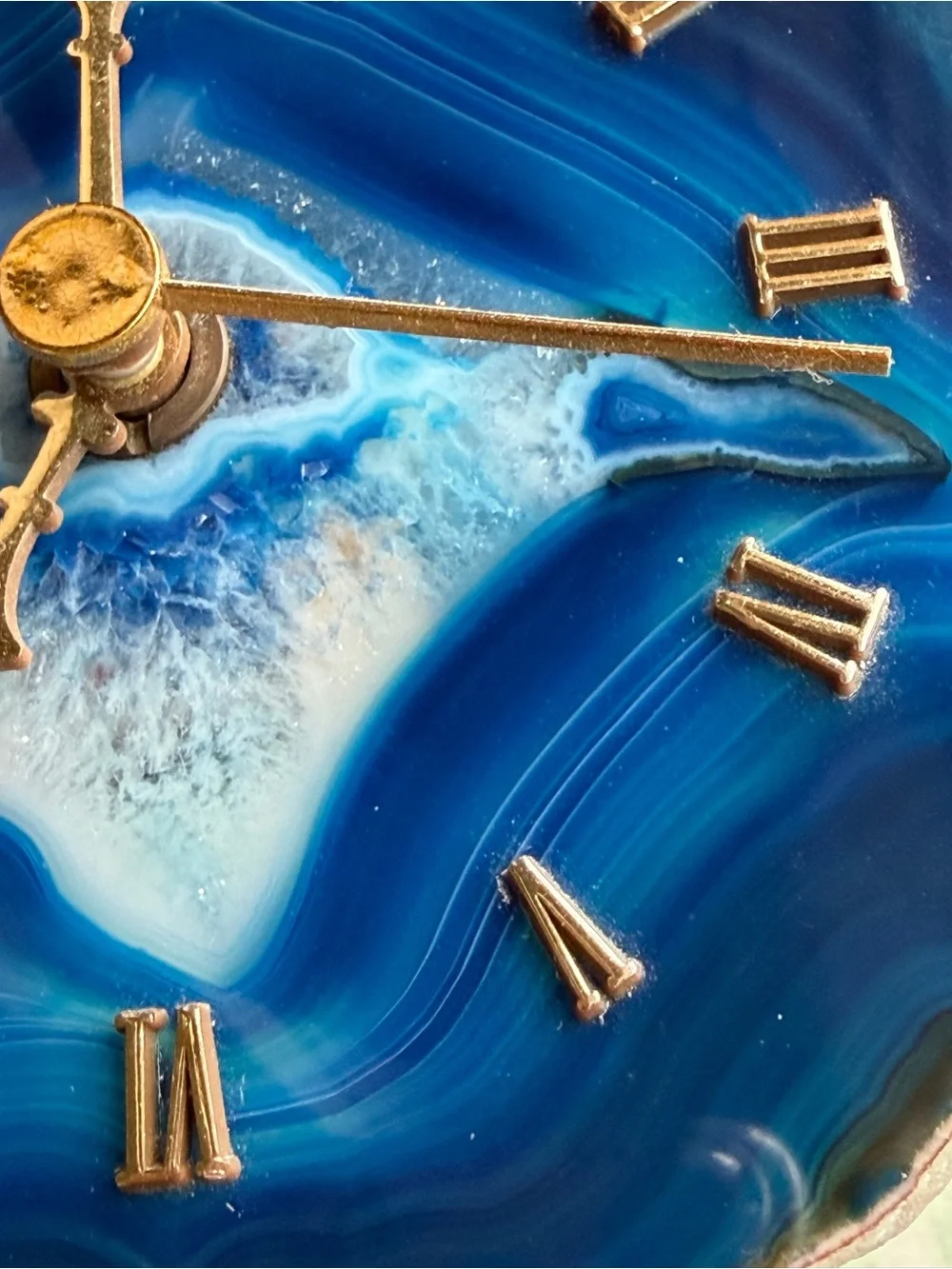 Handmade Blue Agate Wall Clock with Gold Accents - about 5.5”x5”